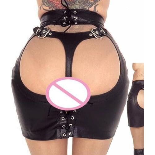 New Arrival Women Erotic Gothic Faux Leather Skirt Sexy Fetish Black Open Butt Clubwear Bondage Nightclub Skirt