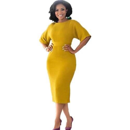 Womens African Pencil Dress Elegant Office Ladies Fashion Soild Midi Dresses Summer Plus Size Clothing Vestidos De Festas