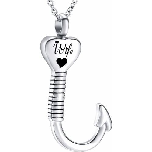Carved Urn Necklace for Ashes Heart Shape Fish Hook Cremation Urn Pendant Fishing in Heaven Keepsake Memorial Jewelry