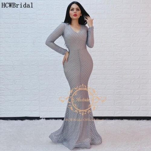 Long Sleeve Evening Dress Grey Mermaid Chic Beading Prom Gowns Plus Size Arabic Women Formal Occasion Dresses Robe De Soiree