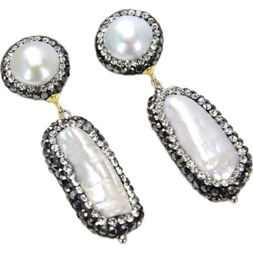 GG Jewelry 1.9" Biwa Pearl Trimmed With Marcasite Earrings CZ Stud