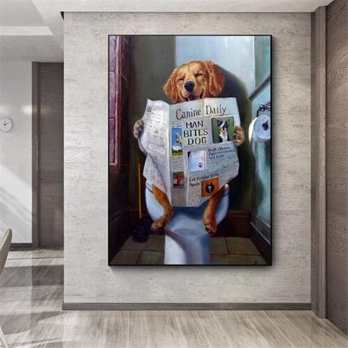 Funny Dog Toilet Reading Paper Canvas Painting Cute Prints and Poster Nordic Cuadros Wall Art Picture for Living Room Home Decor