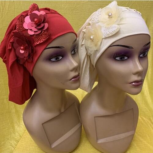 Beautiful Flower Beads Gele Headtie Aso Oke Ready Auto Ladies Turban Hat Turban Cap India Hat 12psc/pack