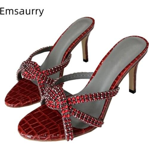 Braided Crystal Narrow Band Runway Sandals Women Thin High Heels Sexy Open Toe Cut Out Real Leather Rhinestone Party Shoes