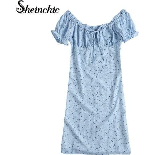 Blue Floral Printed Dresses for Women Casual 2021 Summer Fashion Elegant Short Sleeve Mini Dress Female