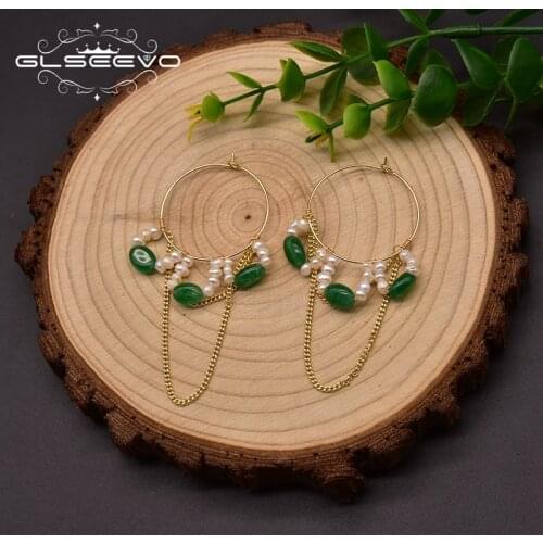 GLSEEVO Natural Freshwater Pearl Hoop Earrings For Woman Wedding Engagement Green Jade Unusual Handmade Chain Jewelry GE1010A