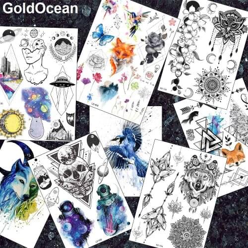 3D Galaxy Cosmonaut Women Triangle Skull Tattoos Stickers Flash Fox Flora Arm Tattoo Temporary Fake Body Neck Chest Custom Tatoo