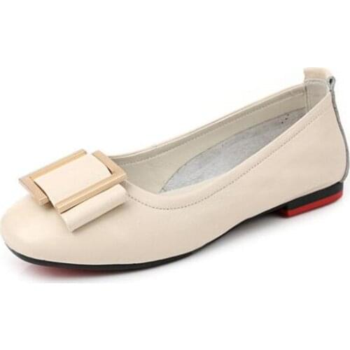 Large Size Women Shoes Genuine Leather Shoes Hot 2020 New Spring Round Head Bow Shallow Flat Shoes Comfortable Soft Bottom Shoes