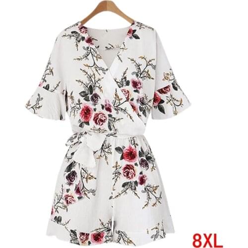 Large size womens jumpsuit plus size 5XL 6XL 7XL 8XL summer V-neck short-sleeved casual loose beach white chiffon jumpsuit