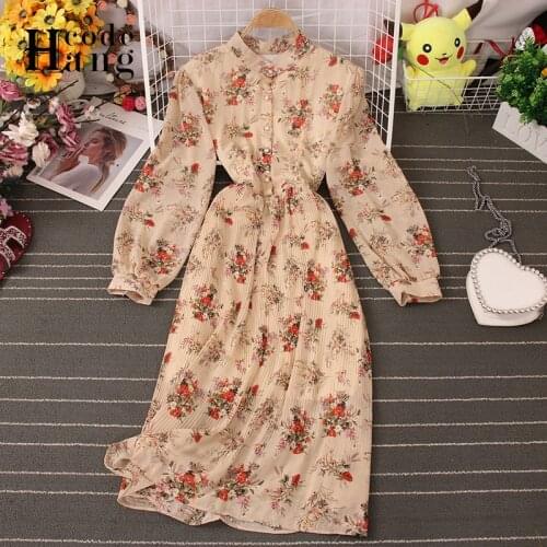 HangCode Spring Autumn Women Dress 2021 New Elegant Retro Flower Print Chiffon Dress Casual Two Layers Midi Female Dress Vestido