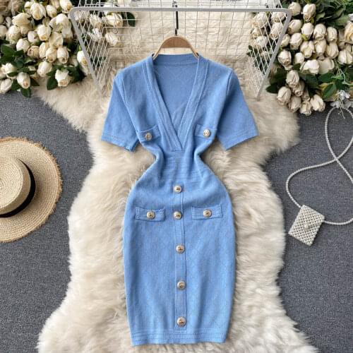 SINGREINY Women Knitted Pencil Dress V Neck Short Sleeve Elastic Slim Sheath Dresses Summer Korean Chic Streetwear Short Dress