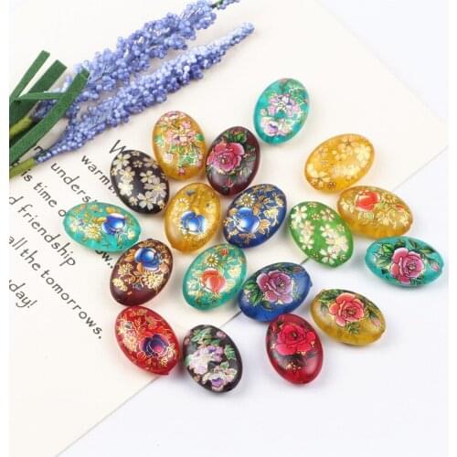 10pcs Mix Design Resin Jewelry Beads 13x18mm Oval Flower Printing Beads Bracelet Bangles Charms European Diy Jewelry Making