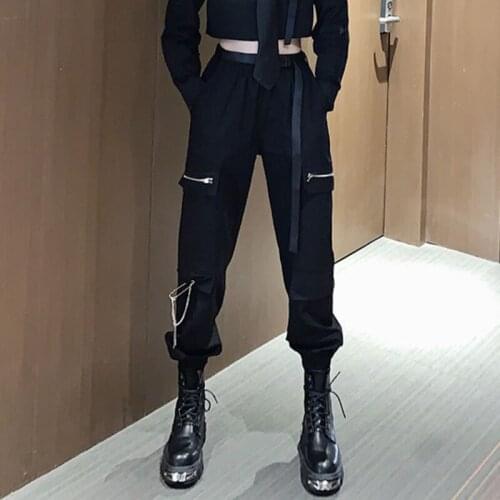 2021 Women Cargo Pants Casual Spring Solid Black Trousers With Pockets Plus Size Zip Buttons Decorate Bootcuts Casual Wear P9659