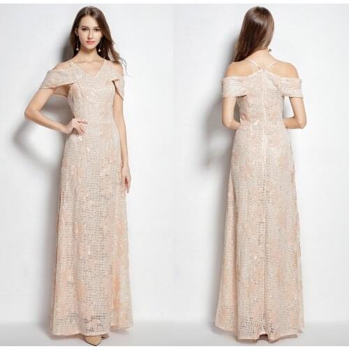 B0076 New Straps V-neck Champagne Embroidery Sequin Long Cap sleeve women prom formal ball gown dresses maix A-Line