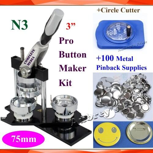 Free Shipping Pro N3 NEW 3":75mm Badge Button Maker + Fixed 8Size Adjustable Circle Cutter+100 Set Metal Pinback Button Supply