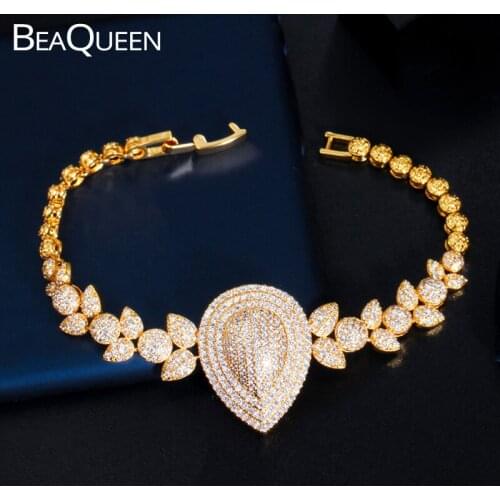 BeaQueen Luxury Gold Charming Leaf Water Drop Design Micro Pave Cubic Zircon Dubai Bangle Bracelet Women Wedding Jewelry B192
