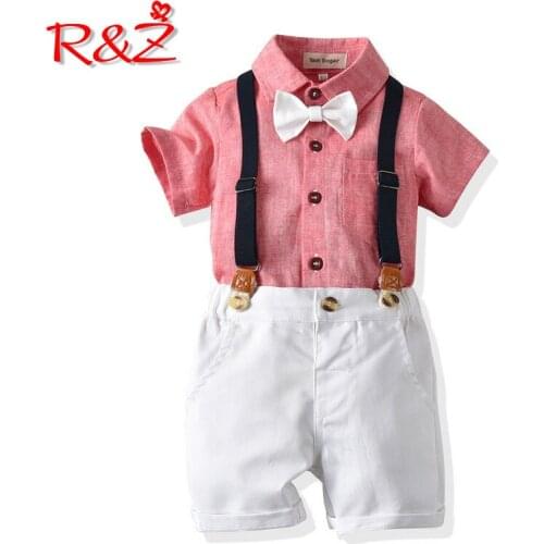 R&Z childrens suit 2019 summer new boy gentleman suit childrens short-sleeved shirt bow tie strap shorts three-piece