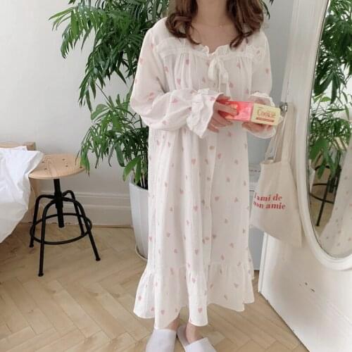 Cotton night dress women sleepwear heart print nightie autumn nightwear long sleeve one piece sreee nightgown women bow tie L481