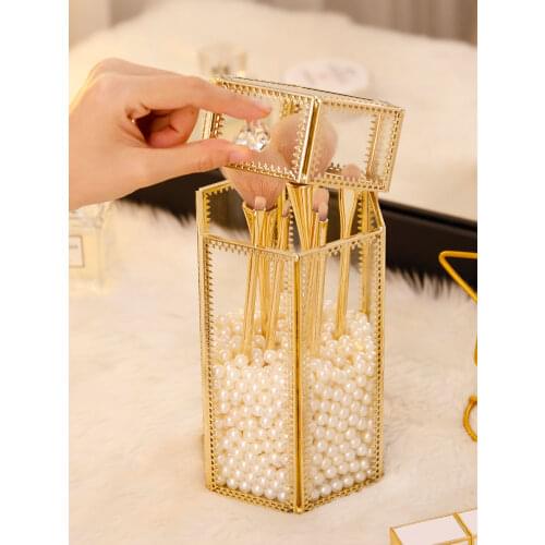 Square/Hexagon Glass Makeup Brush Box Holder Jewelry Box Pencil Bucket Makeup Organizer Desktop Cosmetic Storage Box Beads
