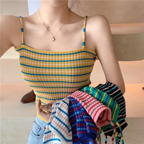 Summer Women Knitting Striped Tank Crop Tops Girls Knitted Knitwear Camisole Sleeveless Tee shirts Camis With Spaghetti Straps