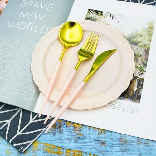 24 Pieces Disposable Tableware Pink Gold Plastic Silverware White Silver Cutlery Wedding Birthday Xmas Party Tableware Supplies