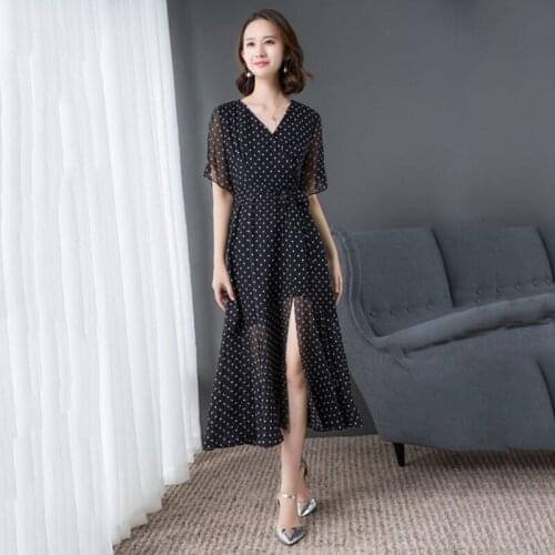 Silk dress 2019 spring summer women s long casual sexy chiffon beach dresses bohemian plus size black polka dot printed fairy