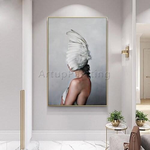 Modern oil Painting on Canvas Hand Painted white feather woman potrait Wall Art Picture for Living Room Home Decoration