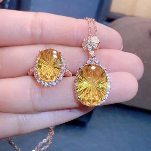 Wedding Best Gift Citrine Jewelry set Natural And Real Citrine Set 925 sterling silver Fine jewelry 1pc ring,1pc Pendant