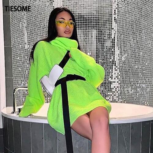 TIESOME Knitwear Turtleneck Autumn Winter Sweaters Women Neon Color Long Sleeve Jumpers Fashion 2019 Casual Basic Slim Pullover