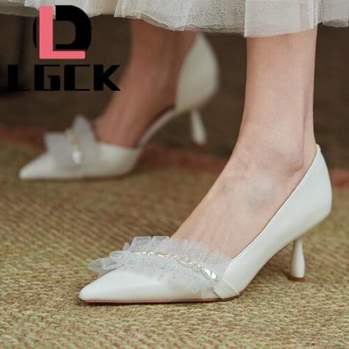 Autumn Simple Elegant High Heels Stiletto Womens Shoes Pointed Toe Lace Pearl Etiquette Professional Single Shoes Wedding Shoes