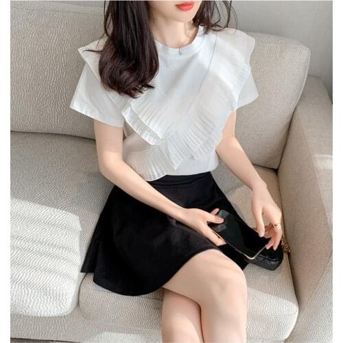 2021 Women Summer New Casual White RUFFLES Patchwork Shirt Tops Fashion Short Sleeve T-Shirt Top