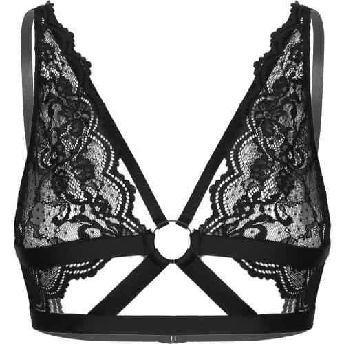Women Floral Pattern Lace Sheer Bras Hallow Out Strappy Sexy Lingerie See-through Brassiere Sissy Clubwear for Club Performance