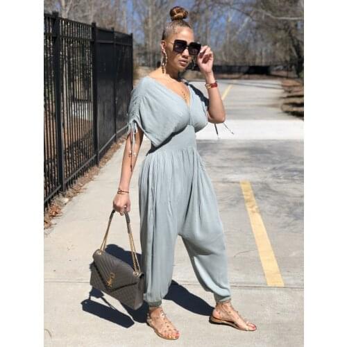 2021 High Quality New Design Jumpsuits Solid Ruched V-neck Short Sleeve Summer Casual Bodycon Rompers