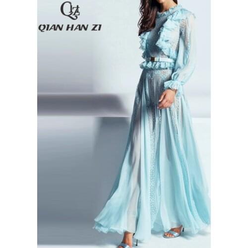 Qian Han Zi 2020 spring summer runway Maxi dress Womens Ruffle Elegant Chiffon Panel Lace hollow out Casual Long Beach Dress