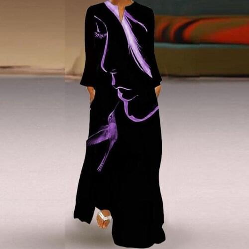 Vintage Abstract Face Printed Long Party Dress Women Robe V-neck Long Sleeve A-Line Dress 2021 Spring Summer Loose Maxi Dresses