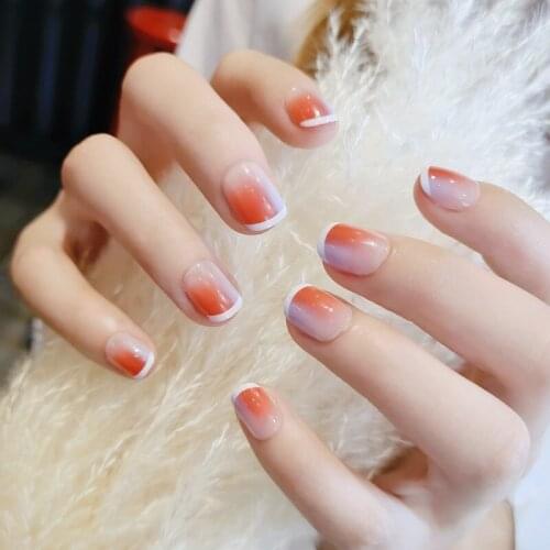 24Pcs Orange And White Blooming Fake Nails Glue Type Removable Short Paragraph Fashion Artificial Manicure Set Nail Art Tools NN