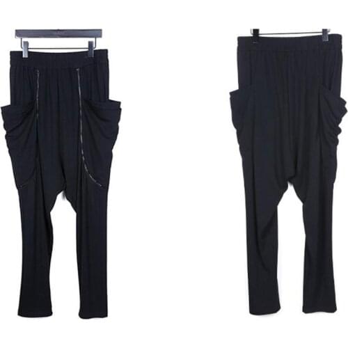 New Spring Mens Slim Long Dark Black Trouser Jogger Pants / Zip Closure Dropped Casual Big Pocket / Low Crotch