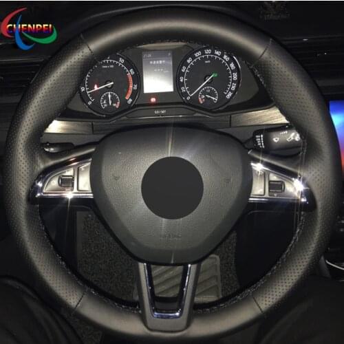 DIY Black Leather Steering Wheel Cover For Skoda Octavia Superb Yeti 2013-2019 Kodiaq Karoq 2016-2019 Scala 2019 Car Accessories