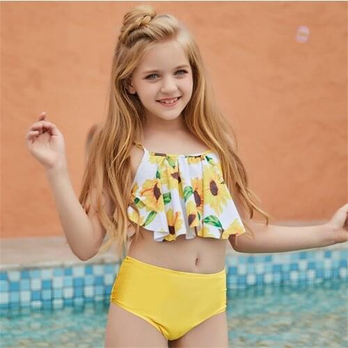 EVISPORTS Sunflower Children Swimwear Two Piece Summer Bikini Sets Kids Teenage Bodysuits Yellow Swimsuit For Toddler Girls 2021