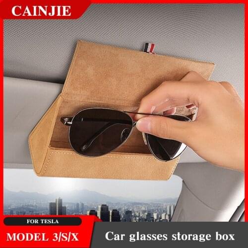 Model Y For Tesla Model 3 2021 Car Accessories fur Leathe Styling Sun Visor Glasses Box Car Sunshade Glasses Storage Box