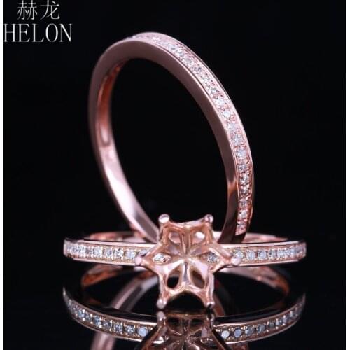HELON Hot! Solid 14k Rose Gold 6.5mm Round Pave .25ct Diamond Engagement Wedding Fashion Duo Semi Mount New Jewelry Womens Ring