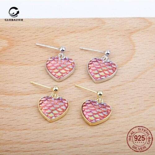 Creative cute peach Heart-shaped net red earrings S925 Girl colorful mermaid scale love sterling silver earrings 538