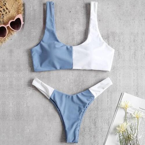 High Waist Bathing Suits Push Up Sexy Blue White Swimsuit Two Piece Women Sport Crop Vest Bikini Sets Womens Beach Bathers