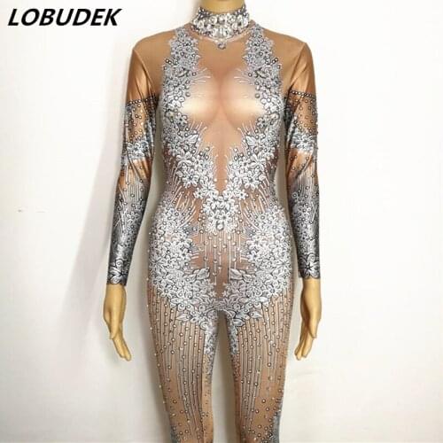 Fashion Printing Crystals Jumpsuit Female Costume Bar singer Dancer Team Pole dance stage outfit Star Party performance Bodysuit