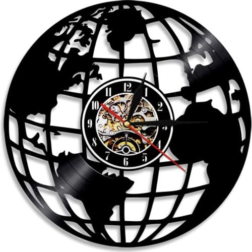 Vinyl Record Wall Art Clock World Map Travel Geography Earth Home Decor LED Night Light Hanging Watch Silent Quartz Vintage Gift