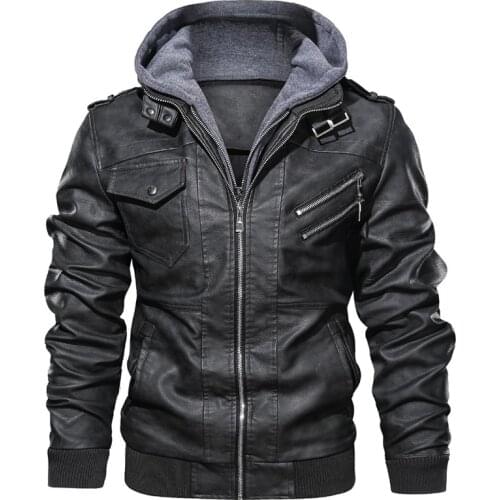 New Mens Outwear Bomber Vintage Autumn Black PU Leather Casual Jacket Slim Fit Motorcycle Biker Coats Removable Hood