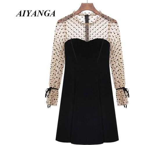 New 2020 Early Spring Women Elegant Dress Fashion Dots Print Velvet High Street Dresses Mesh Patchwork Petal Sleeve Sexy Vestido
