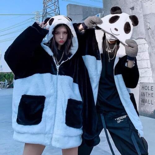2021 Winter New Cute Women Hoodie Loose Hoodies Soft Sweatshirts Thick Panda Coat Zipper Outwear Couples Streetwear