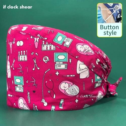 Printed Medical Dentistry lab cap adjustable scrub Cap Surgical Cap Pet nursing Beauty salon clinical nurse work hat with button