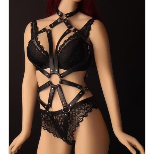 Punk Sexy Leather Women Hanging Neck Body Harness Cross Straps Set Goth Female Bdsm Slave Adult Games Bondage Latex Skirt Fetish